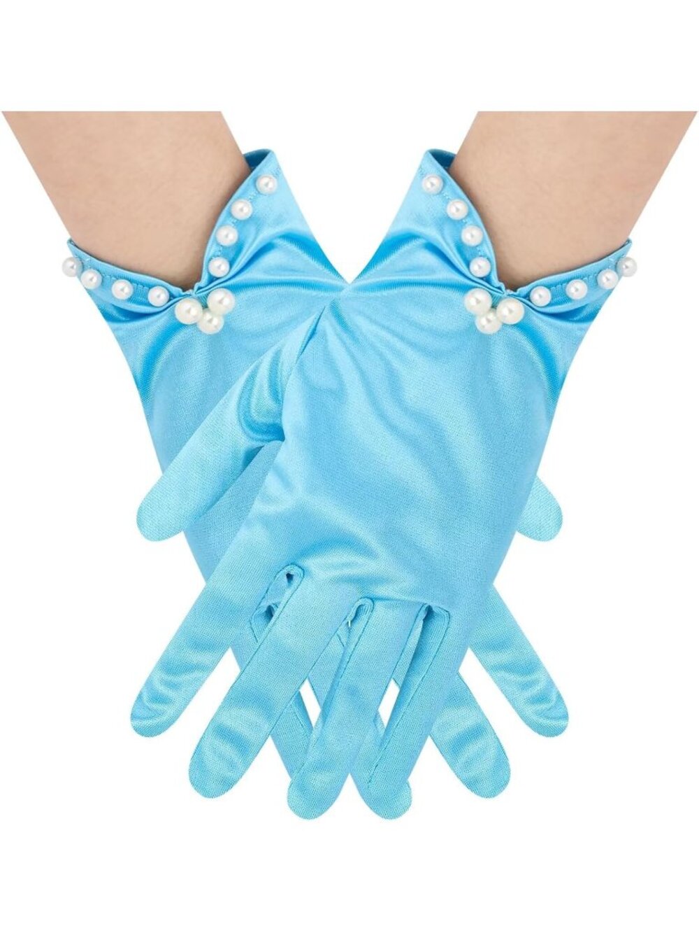 Women's Blue Short Satin Gloves with Pearl Tea Party Opera Banquet Gloves